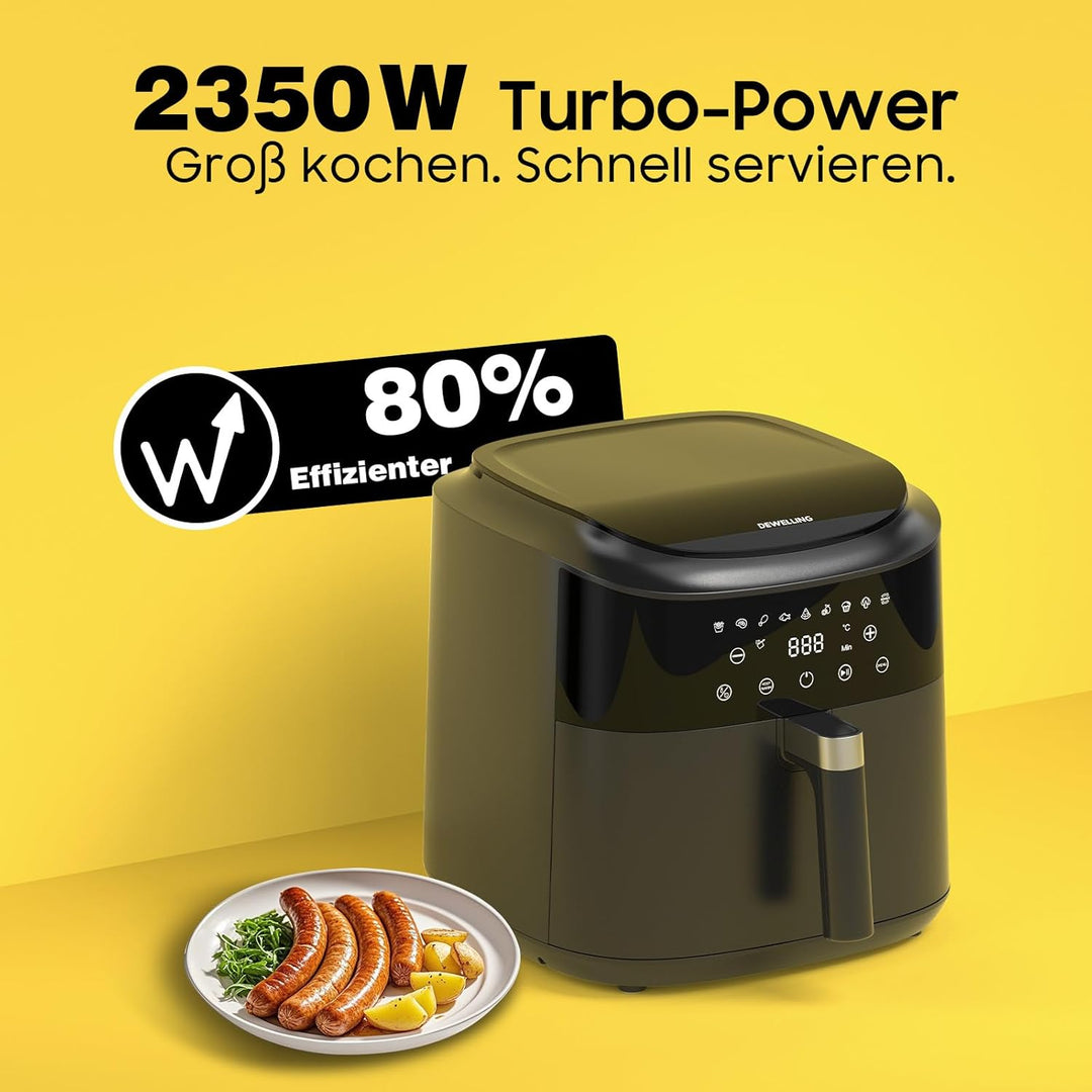 Dewelling Heissluftfritteuse XXL 9L - 2350W Airfryer für Schnellgar, 9 Programmen, LED Display & War