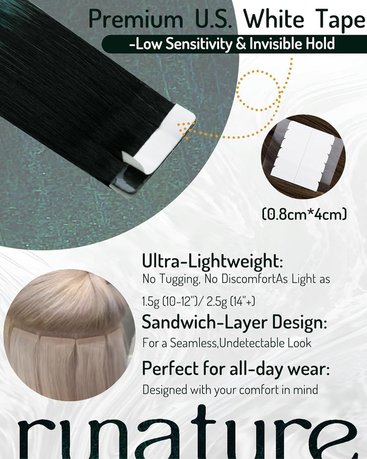 RUNATURE Extensions Echthaar Tape Schwarz Ombre Grun 55cm 20pcs Bunt Haarverlangerung Invisible Haar