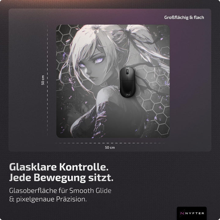 Nyfter Glas Gaming Mauspad 50x50 – Ultra-Präzise Oberfläche, Gehärtetes Glas, Vollsilikon-Anti-Rutsc