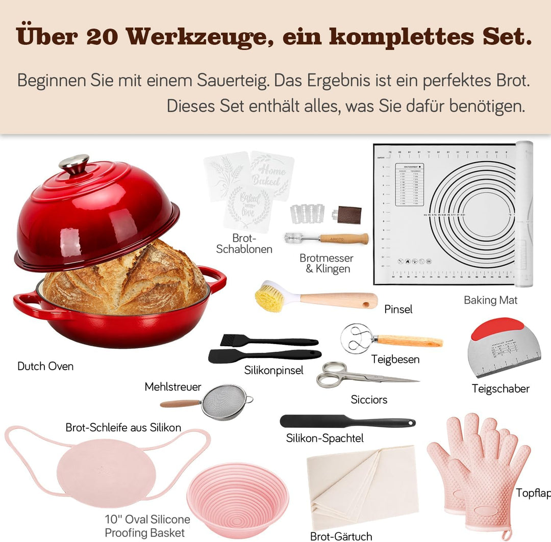 LINMAGCO Gusseisen Brotbacktopf mit Deckel & Gärkorb – Emaille Dutch Oven für Sauerteigbrot – 4,6L B
