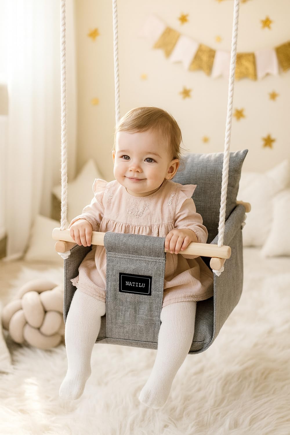 NATILU® Babyschaukel Set mit Sicherheitsgurt Haken Ringe Silver | Schaukel Baby Indoor Outdoor | Kin