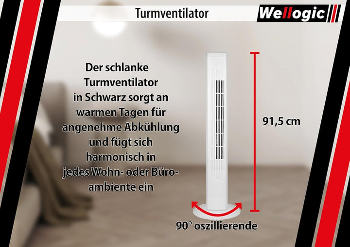 Turmventilator 91 cm sehr leise – Standventilator mit Fernbedienung, 7,5h Timer, 3 Geschwindigkeitss