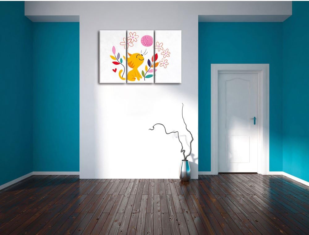 Pixxprint Niedliche Katze mit Wollknäuel weiss 3-Teiler Leinwandbild 120x80 Bild auf Leinwand