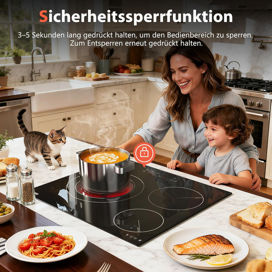 Karinear Eingebautes 60-cm-Keramikkochfeld, 3-Zonen-Elektrokochfeld mit Touch-Steuerung, Kindersiche