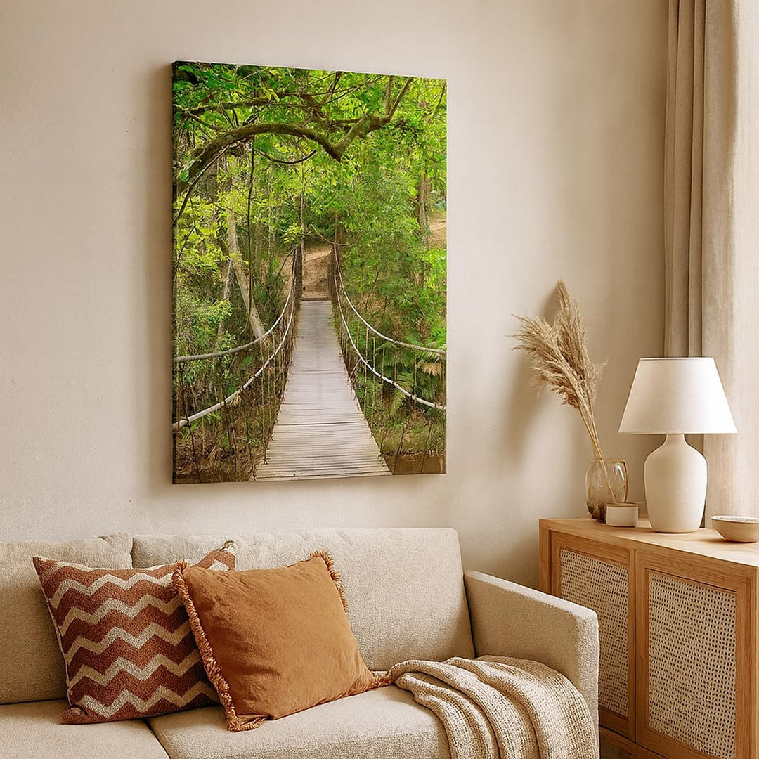 Bilder auf Leinwand 55x100cm Leinwandbild mit Rahmen Fussgängerbrücke Wald Abenteuer Gross Wanddeko