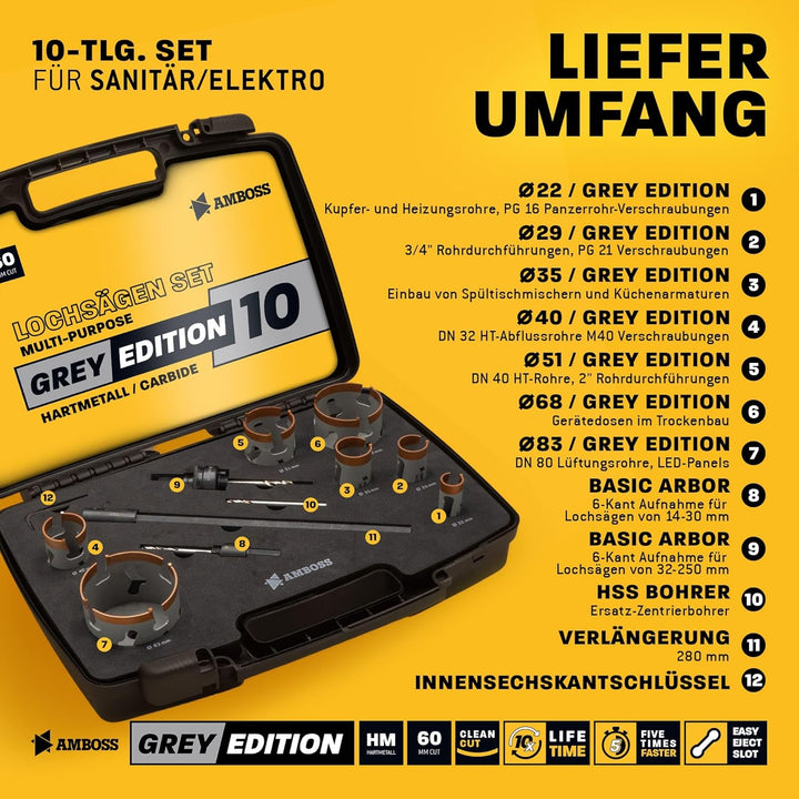 Amboss Universal-Lochsägen Set Ø 22-83 mm | 9-teilig | inkl. 6-kant Aufnahme | HM Power Set… Set Ø 2