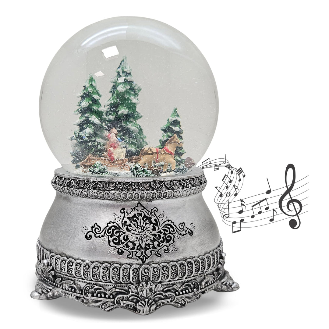 Schneekugel Spieluhr Weihnachten | Kutsche über Brücke | Sockel Zinnoptik Ornamente | mit Musik | Sc