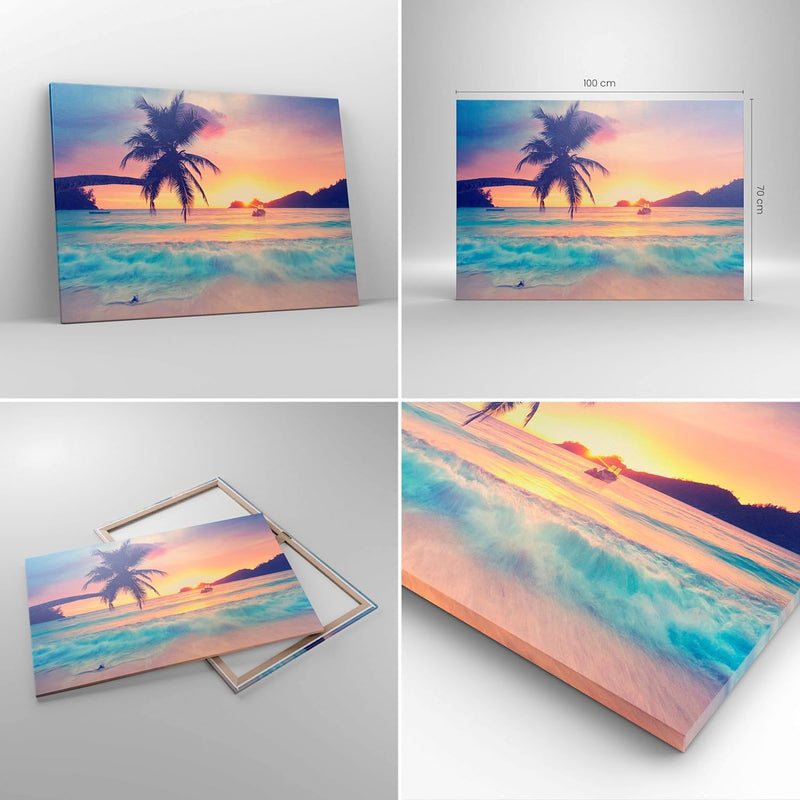 Bilder auf Leinwand 100x70cm Leinwandbild mit Rahmen Meer Strand Palme Gross Wanddeko Bild Schlafzim