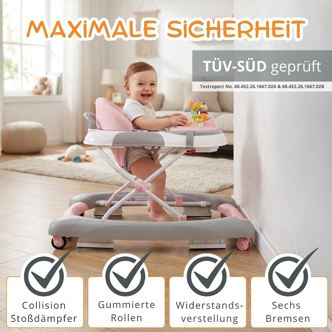 BRONEA 4-in-1 Gehfrei Baby ab 6 Monate | Lauflernwagen mit Schaukelfunktion und Spielpaneel mit Musi