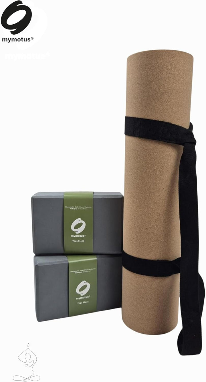 Yogamatten Set mit 2 Blöcken aus Kork | rutschfest, schadstofffrei, abwaschbar und dick | mit Trageg