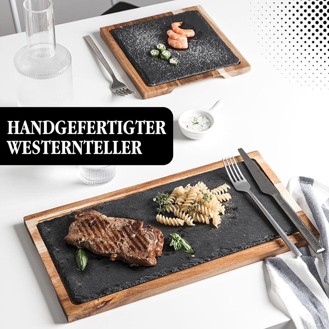 Schieferplatte Servierplatte, Für Steak und Grill Geschirr, Käsebrett aus Akazien-Holz und Natürlich