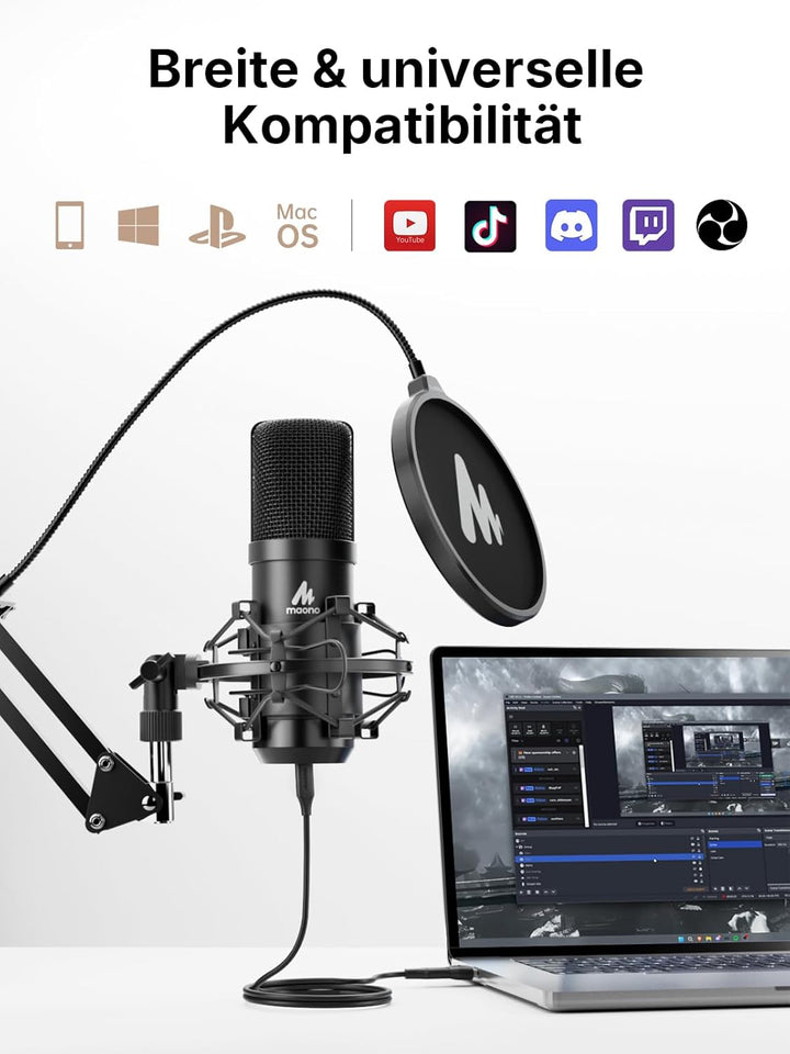 MAONO XLR/USB-Kondensatormikrofon: 192 kHz/24 Bit Plug & Play PC-Computer-Podcast Nieren-Metallmikro
