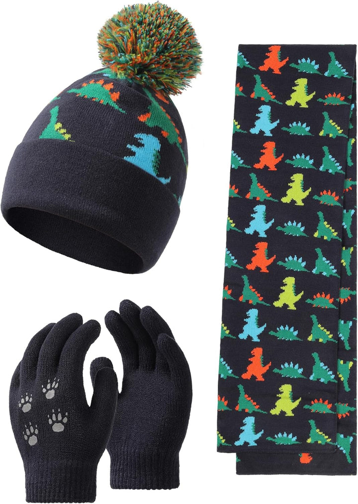 NATUST Mütze Schal Handschuh-Sets für Jungen Dinosaurier Wintermütze mit Bommel Warmer Strickschal H