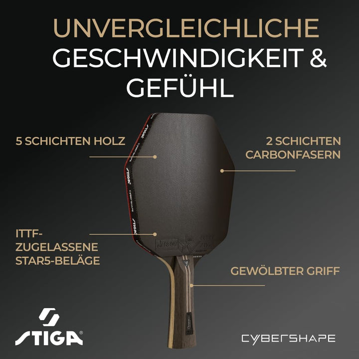 STIGA Pro Carbon+ Cybershape Tischtennisracket, 5-Sterne-Profi-Tischtennisschläger mit sechseckiger