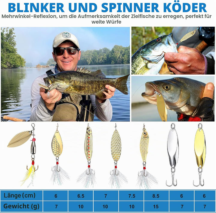 PLUSINNO Angelköder für Barsch, 16 Spinnerköder mit tragbarer Tragetasche, Barschköder, Forellenköde