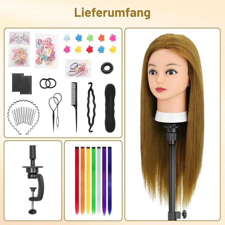 TwoWin Friseurkopf mit Haaren, 26 Zoll (66 cm) 80% Echthaar Mannequin Kopf, Trainingskopf für Stylin