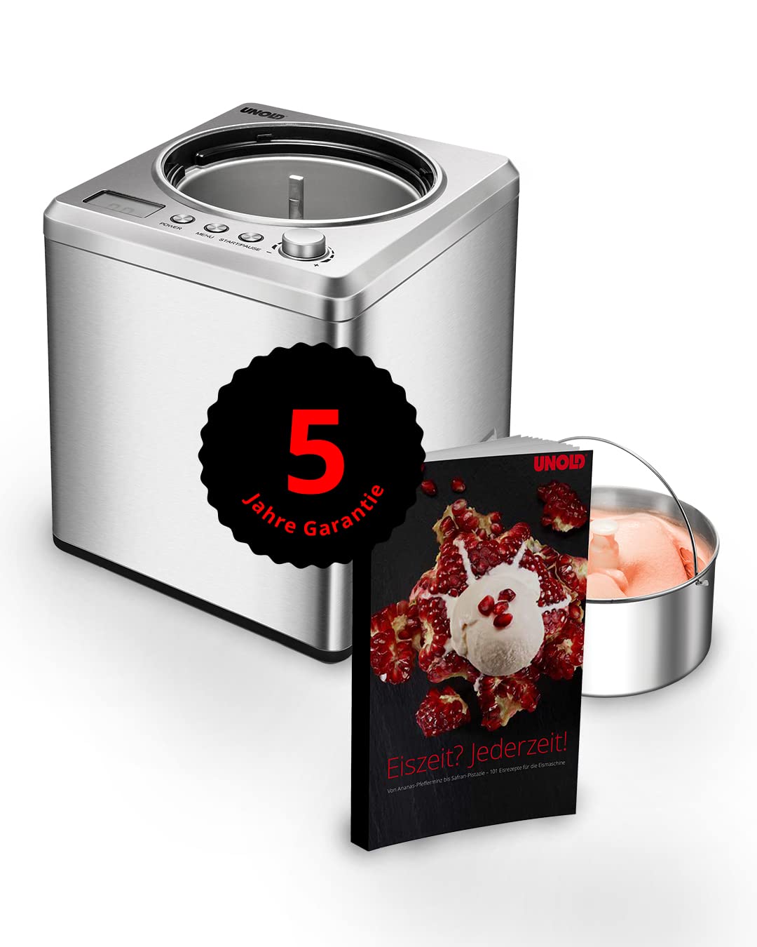 Unold 48972 Eismaschine Exklusiv inkl. Eisbuch mit 101 Rezepten | Speiseeisbereiter 2.0 L, Edelstahl