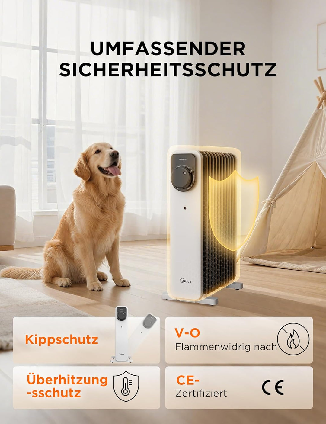 Midea Ölradiator, 2300W 11 Rippen tragbarer Elektroheizer mit Drehknopfregelung und einstellbarem Th