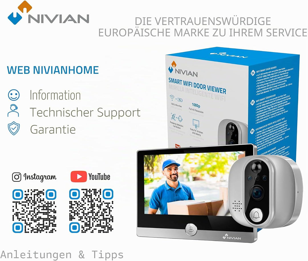 NIVIAN WiFi Digital Peephole – Full-HD-Videokamera mit Akku und Türklingel, Zwei-Wege-Audio, PIR-Erk