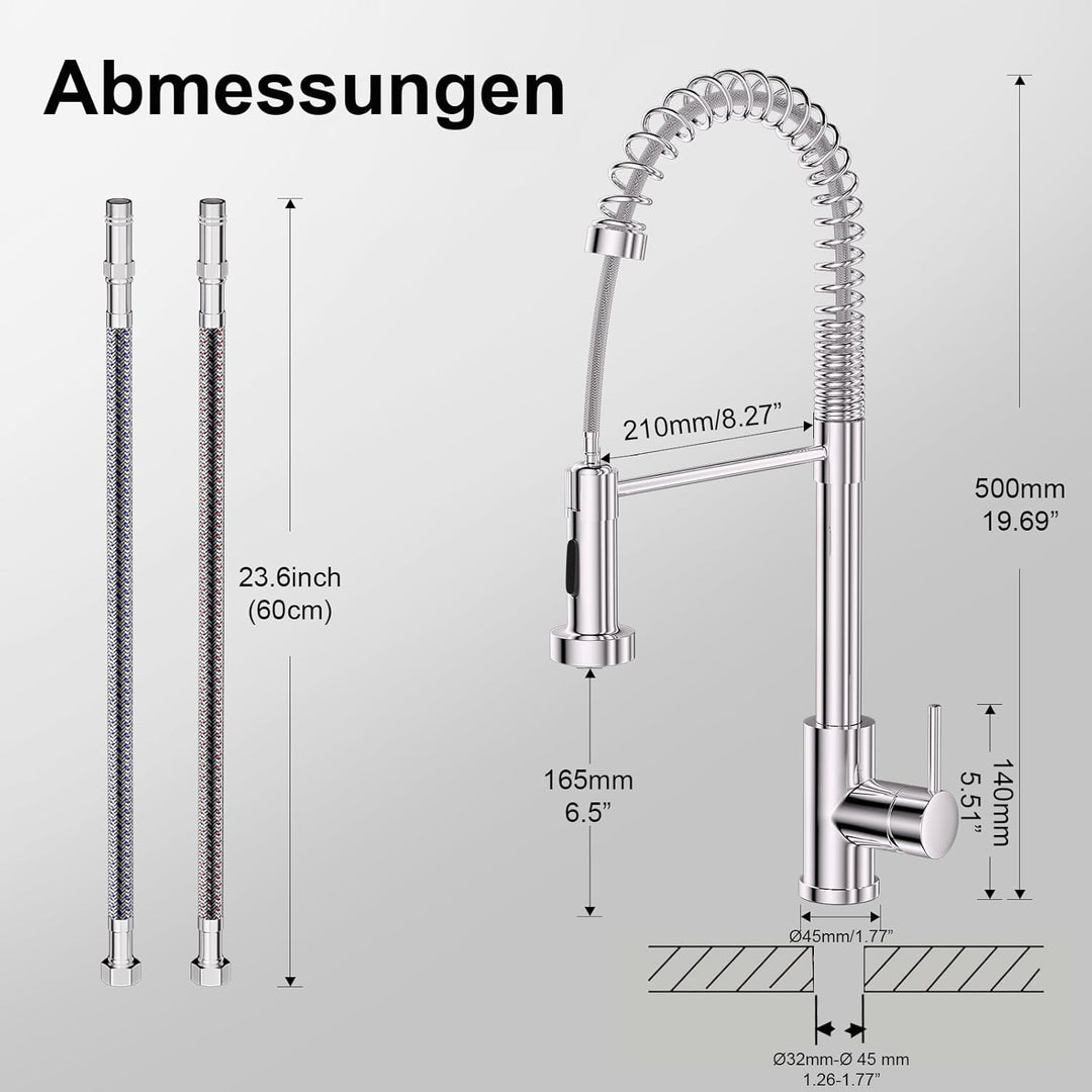 Spiralfeder Wasserhahn Ausziehbar, Hochdruck Küchenarmatur mit Brause, mit 2 Strahlarten, 360° Drehb