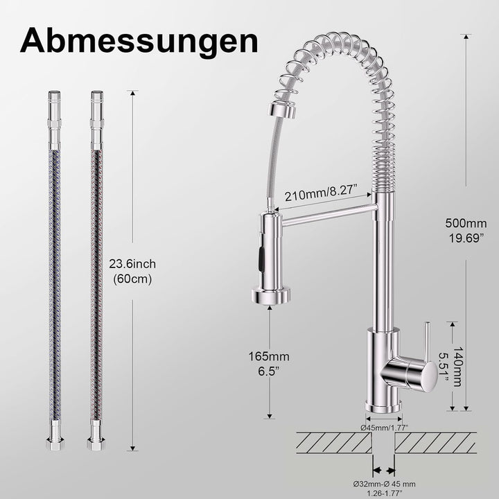 Spiralfeder Wasserhahn Ausziehbar, Hochdruck Küchenarmatur mit Brause, mit 2 Strahlarten, 360° Drehb