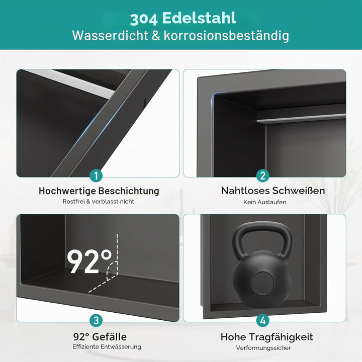 Zyncove Wandnische Dusche mit LED-Beleuchtung (4000K Warmweiss), 304 Edelstahl Duschnische mit Ablag