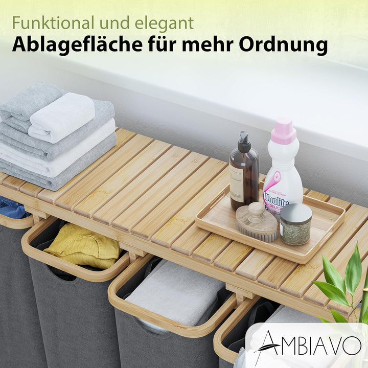 Wäschekorb 4 Fächer grau 200 L – Platzsparendes Design – 50L pro Fach - Stabile Bambuskonstruktion –