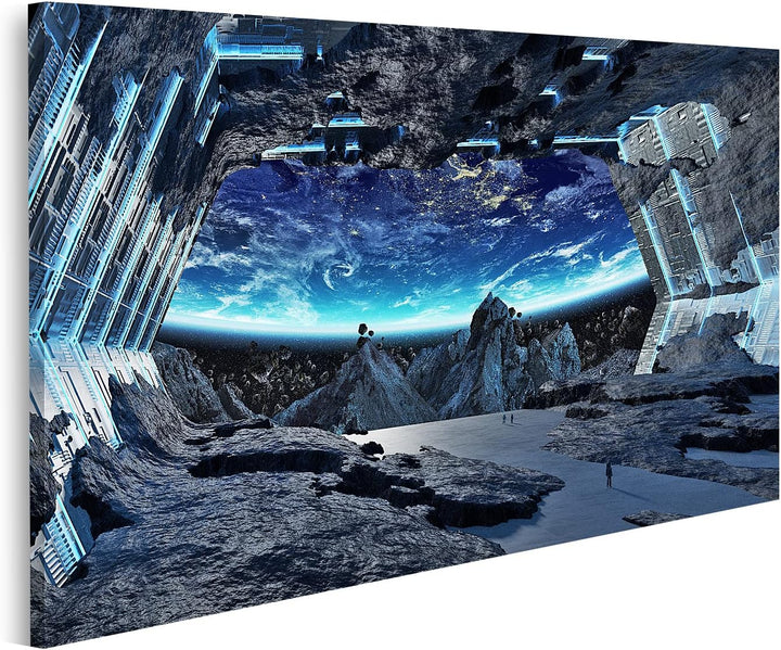 islandburner Bild auf Leinwand Riesiges Asteroid Raumschiff Innen mit Blick auf Erde Kinderzimmer Sp