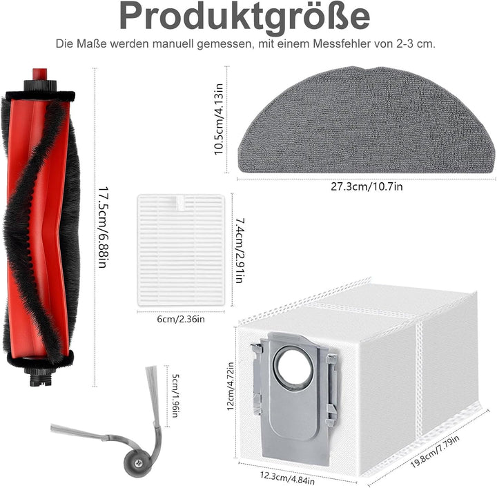 Zubehör für roborock Q7 L5+, Q7 M5+ Staubsauger, 2 Hauptbürste, 6 Wischtücher, 6 Filter, 6 Seitenbür