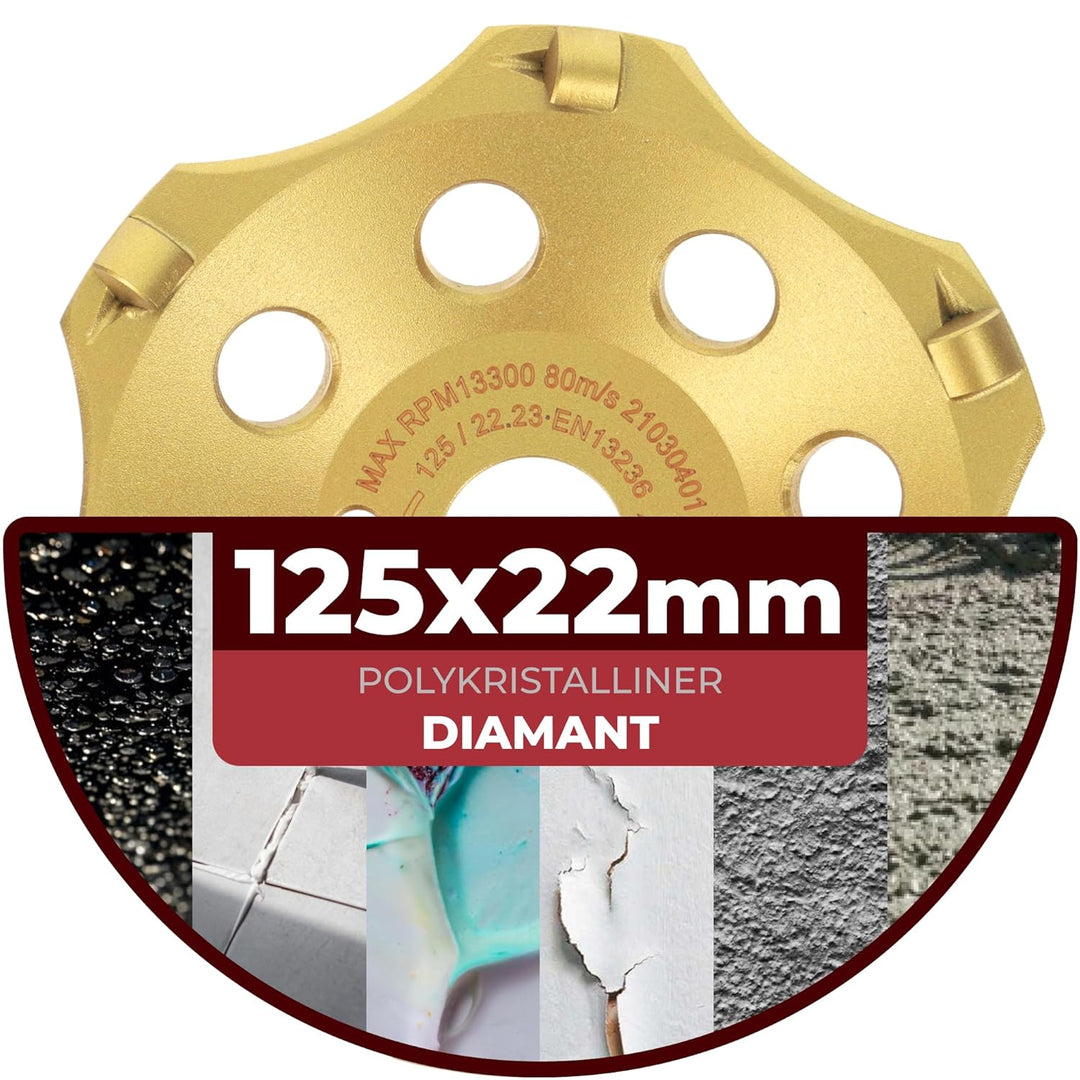 PRODIAMANT PKD Diamantschleiftopf 125mm für Winkelschleifer - 6 Segmente für Beton, Estrich & robust