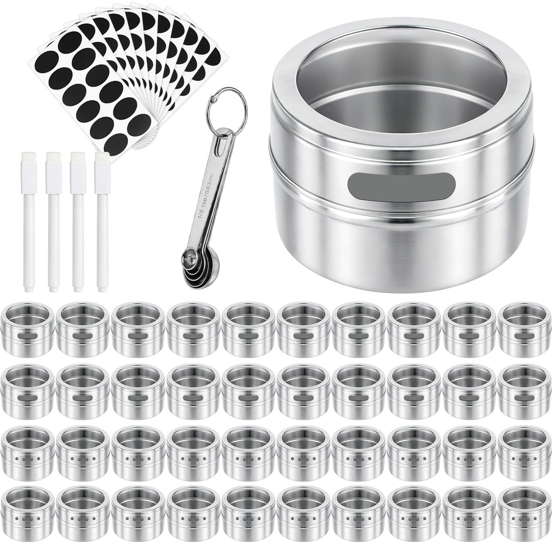 LYCN 40er Set Magnetische Gewürzdosen Edelstahl, 90ml Gewürzbehälter für Kühlschrank & Grill, Platzs
