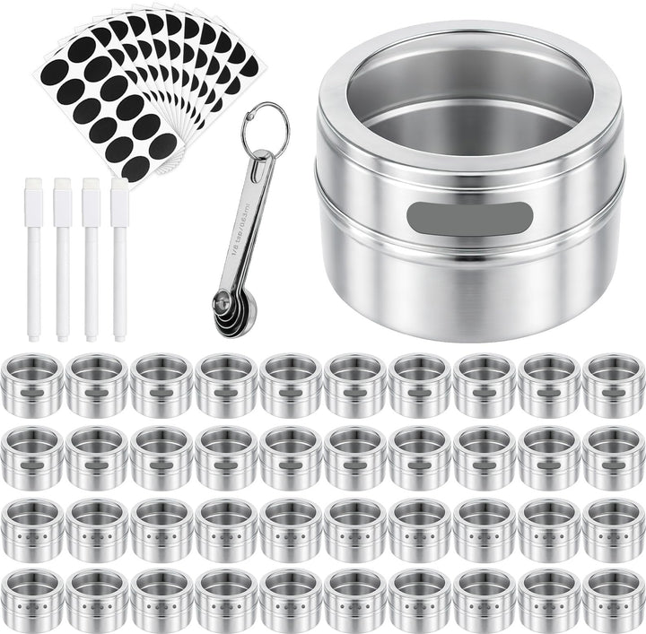 LYCN 40er Set Magnetische Gewürzdosen Edelstahl, 90ml Gewürzbehälter für Kühlschrank & Grill, Platzs