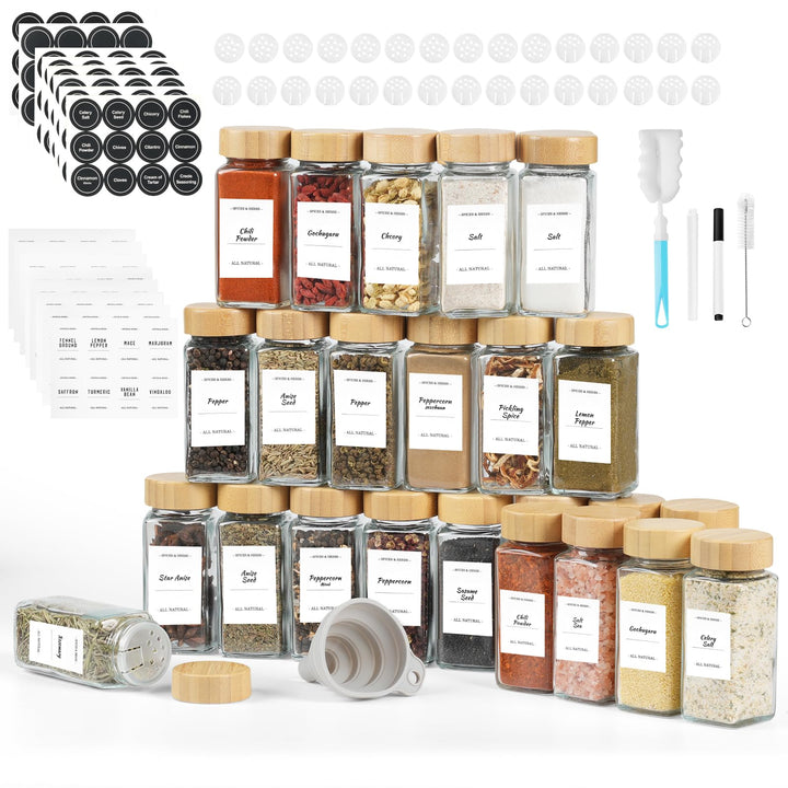FRIBERG Gewürzgläser Eckig Set Mit Holzdeckel (24 X 120ml) Gewurzglaserset Und 160 Etiketten - Gewür