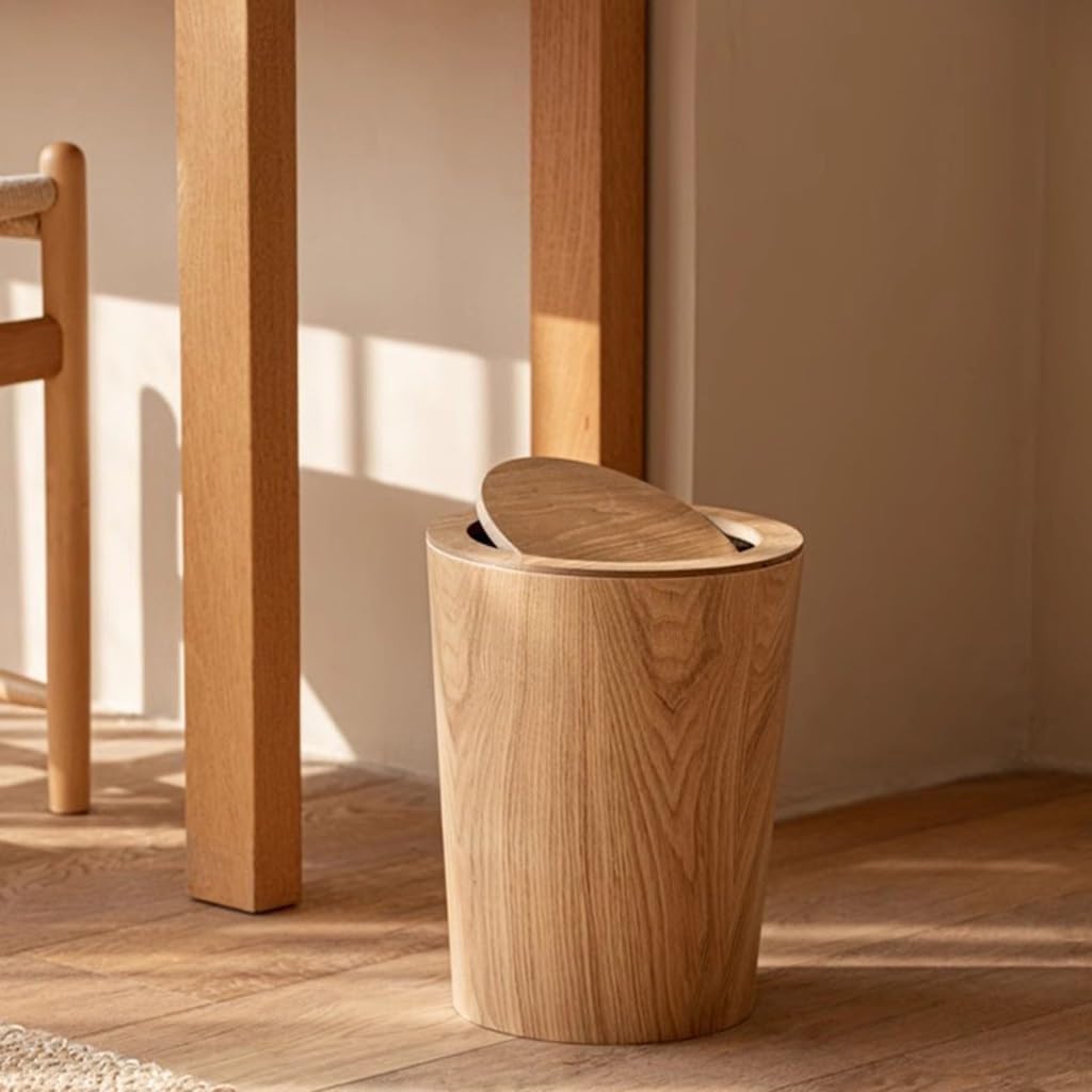 MKYOKO Runder Mülleimer, Holz-Mülleimer mit Deckel, Müllrecyclingbehälter, Abfallbehälter, Papierkor