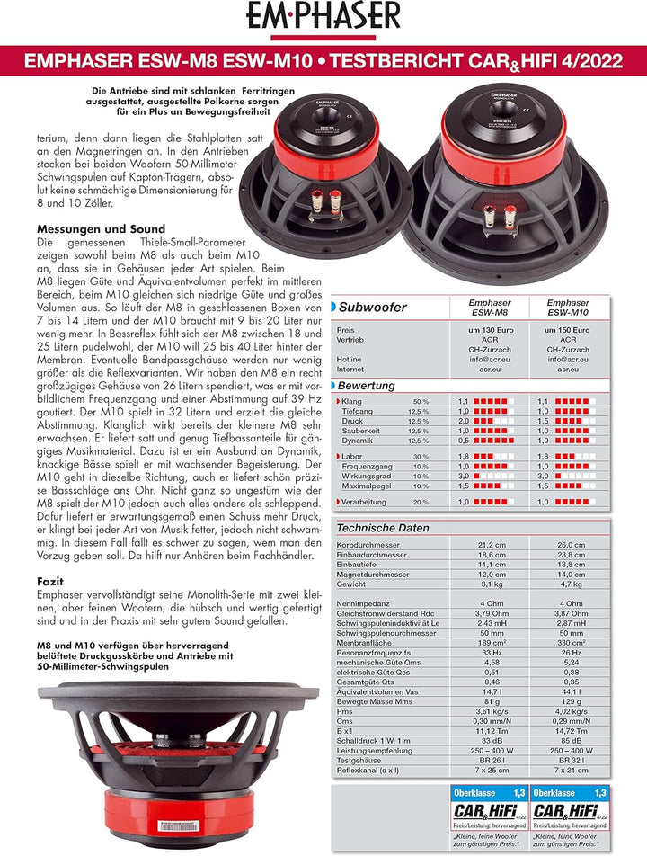 EMPHASER ESW-M10: Bass Lautsprecher 25 cm mit 200 Watt RMS, leistungsstarker 10 Zoll Subwoofer für A