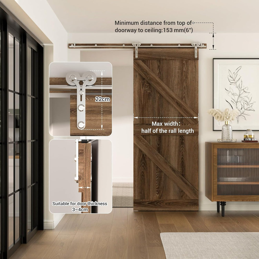 TSMST 200cm/6.6ft Edelstahl Laufschiene Schiebetürbeschlag für Einzelne Holztüren, Reibungslos und L