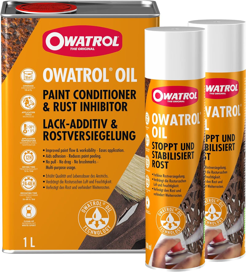 OWATROL – OIL – Set – Farbloser Rostschutzlack (1 Liter) und -spray (2 x 300ml) – farblos – dringt e