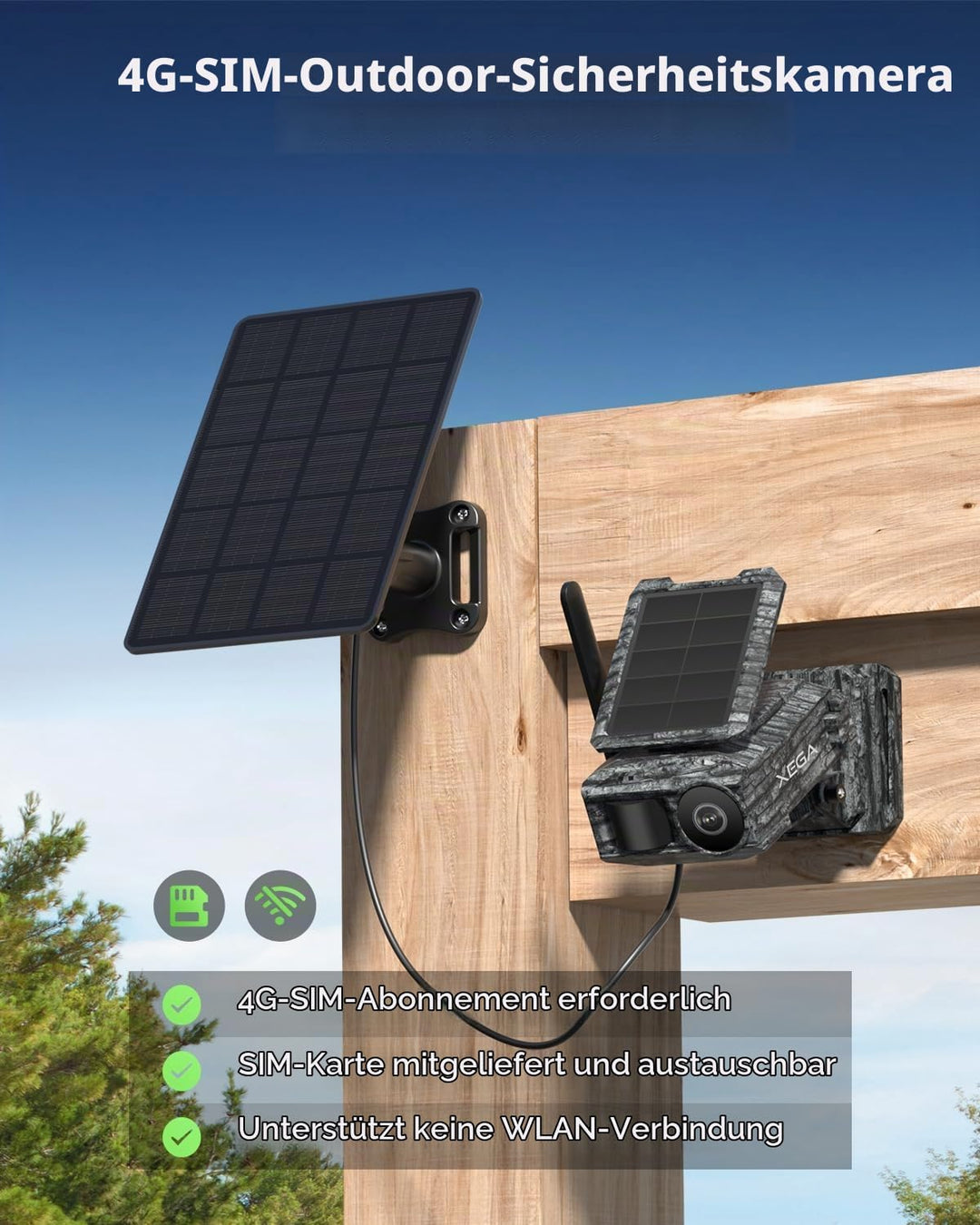 Xega 4G LTE Solar Überwachungskamera mit SIM-Karte &amp; 2 Solarmodulen – Aussen Wildkamera Bewegungserk