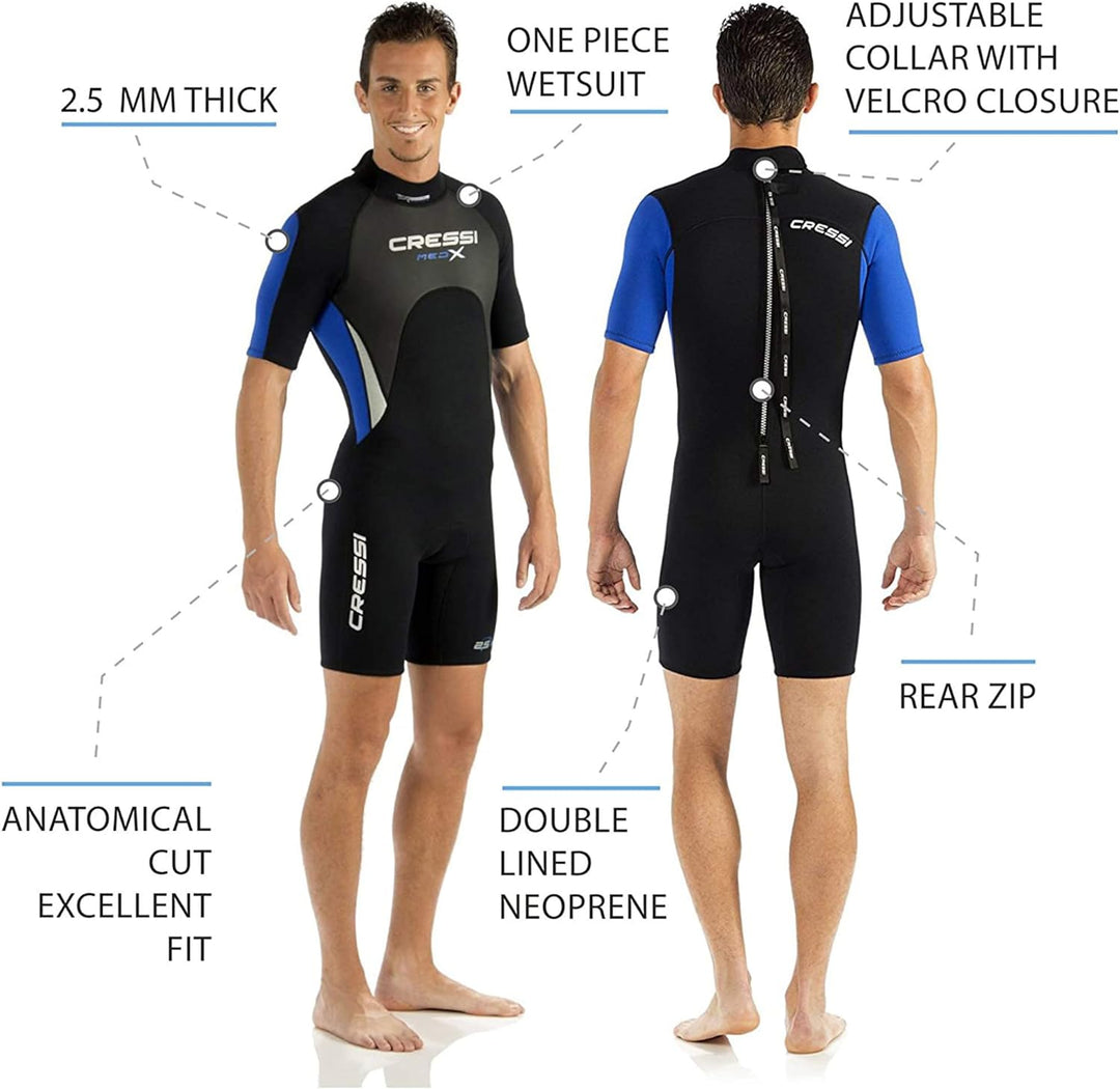 Cressi Med X Men's - Shorty Herren Neoprenanzug Premium Neopren 2.5 mm XL/5 Blau/Orange/Silber, XL/5