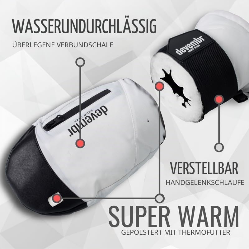 devembr Ski-Fäustlinge mit Handgelenkschützern, Warme Snowboard-Fäustlinge, Wasserdicht (S/M/L) Weis