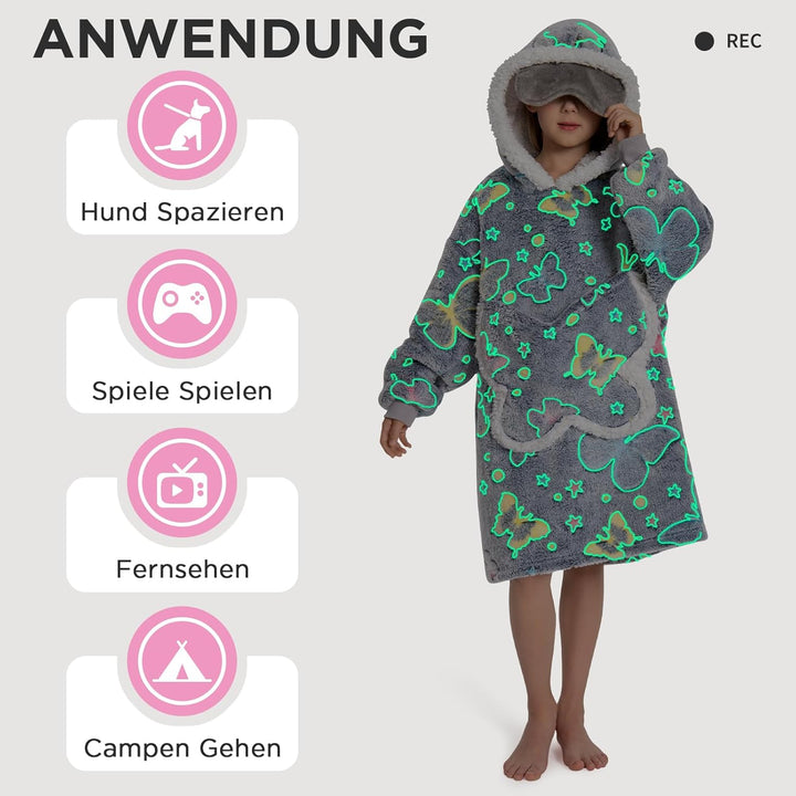 OLAOLA Schmetterling Tragbare Decke Hoodie Im Dunkeln Leuchten, üBergrossEr Decken Hoodie Mit Tasche