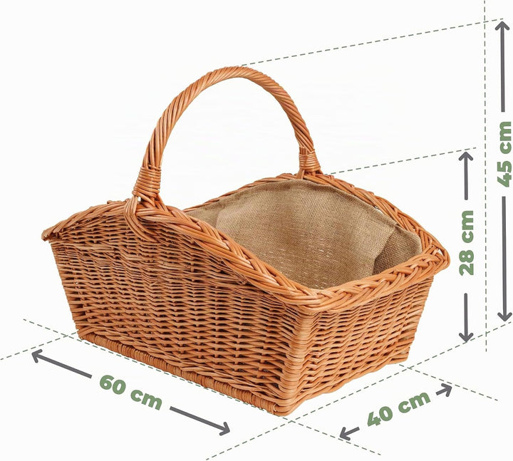 BOGATECO Weidenkorb mit Henkel, rechteckig | Kaminkorb 60x40x28 | Handgewebt, massiv | Holzkorb mit