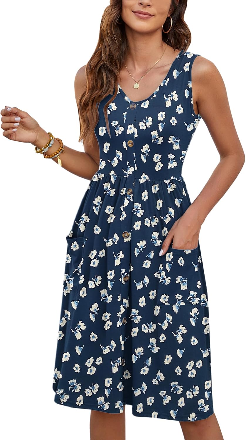 MOLERANI Sommerkleid Damen Ärmellos V Ausschnitt mit Taschen S Floral Marine, S Floral Marine