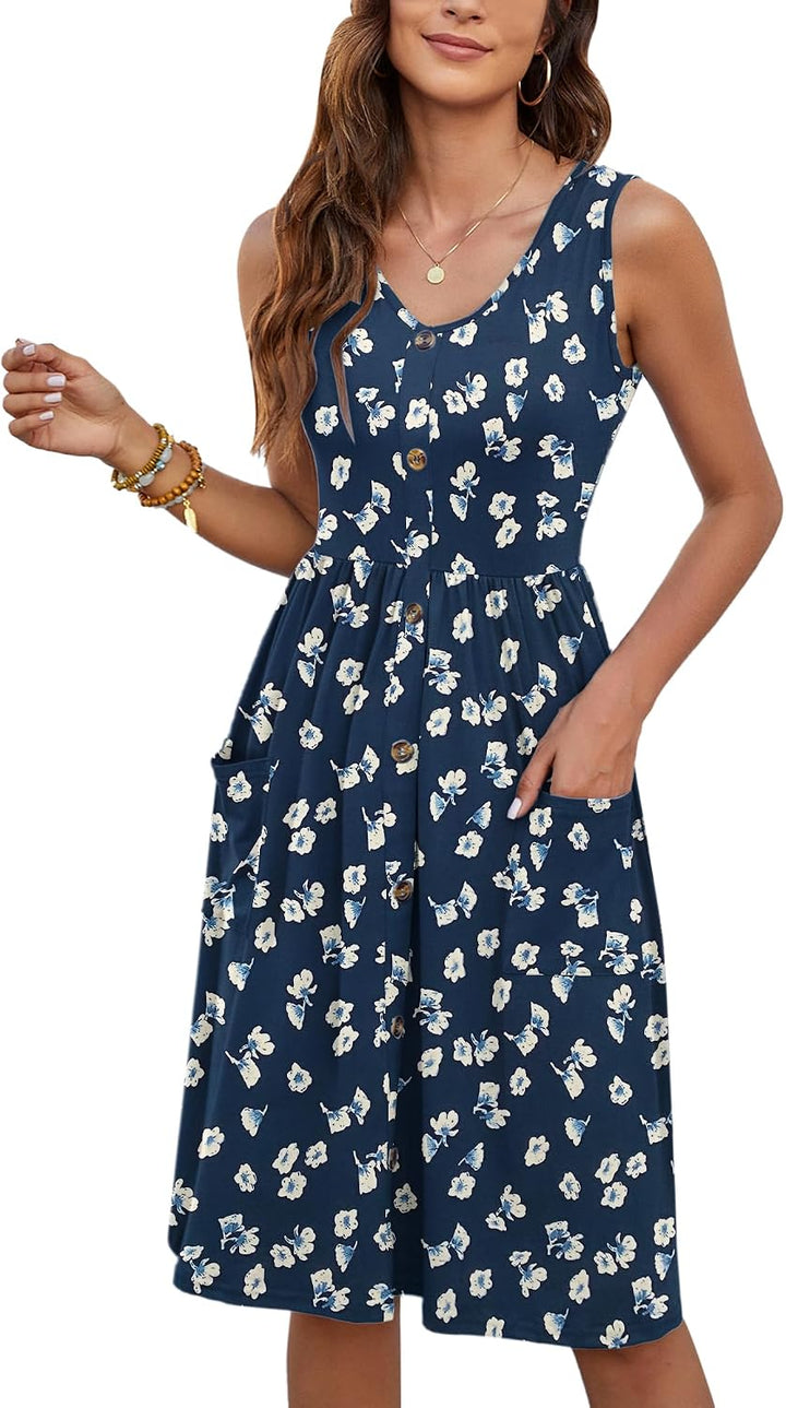 MOLERANI Sommerkleid Damen Ärmellos V Ausschnitt mit Taschen S Floral Marine, S Floral Marine