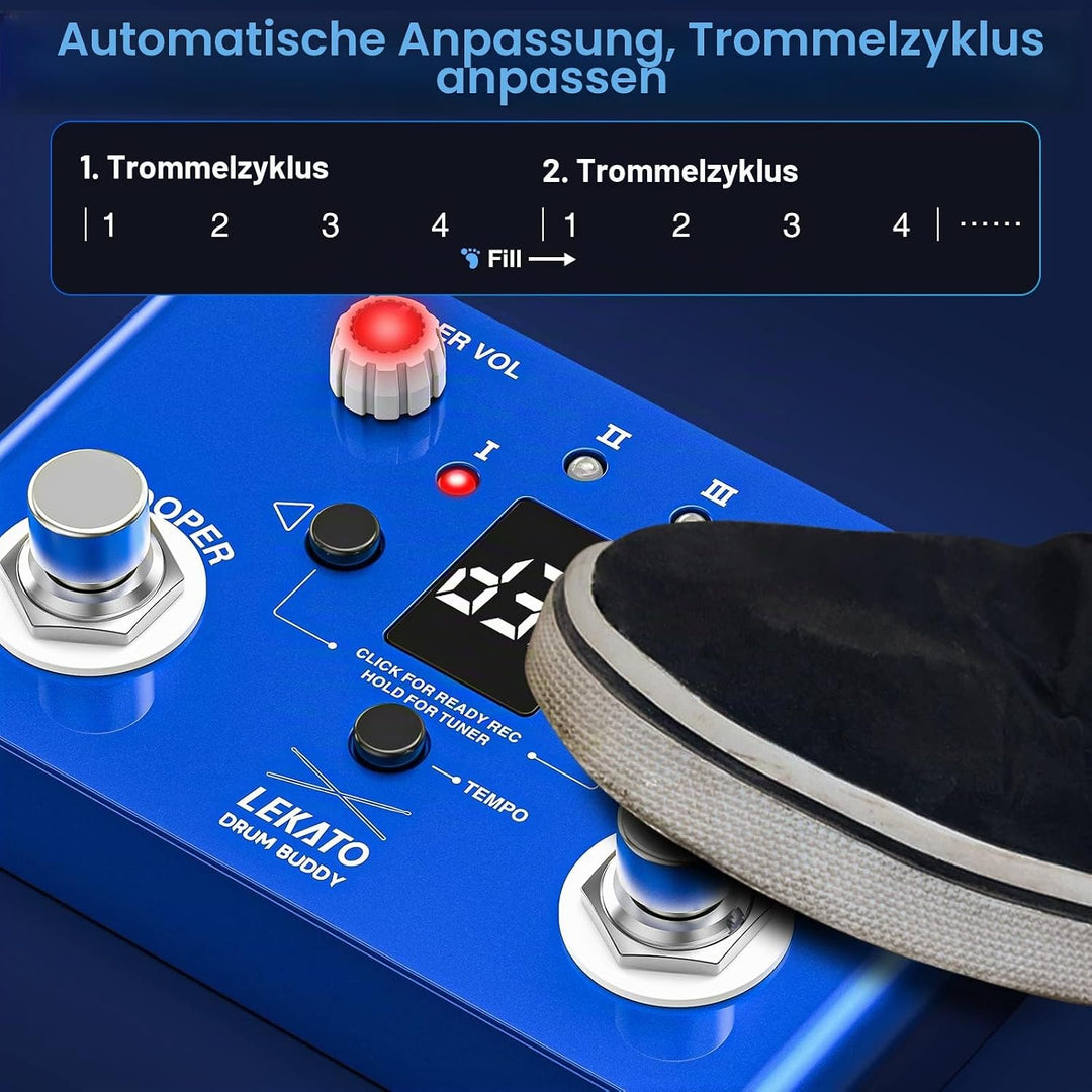 LEKATO Drum Looper Pedal mit Stimmgerät, 4 Loops, 11 Minuten Loop Pedal mit Drumcomputer 30 Trommeln