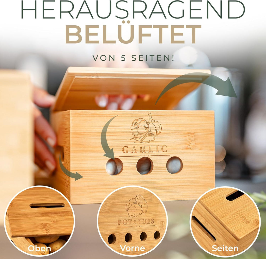 Premium Kartoffel Aufbewahrungsbox [3er Set] – Längerfrische Kartoffel Aufbewahrung, Knoblauch und Z