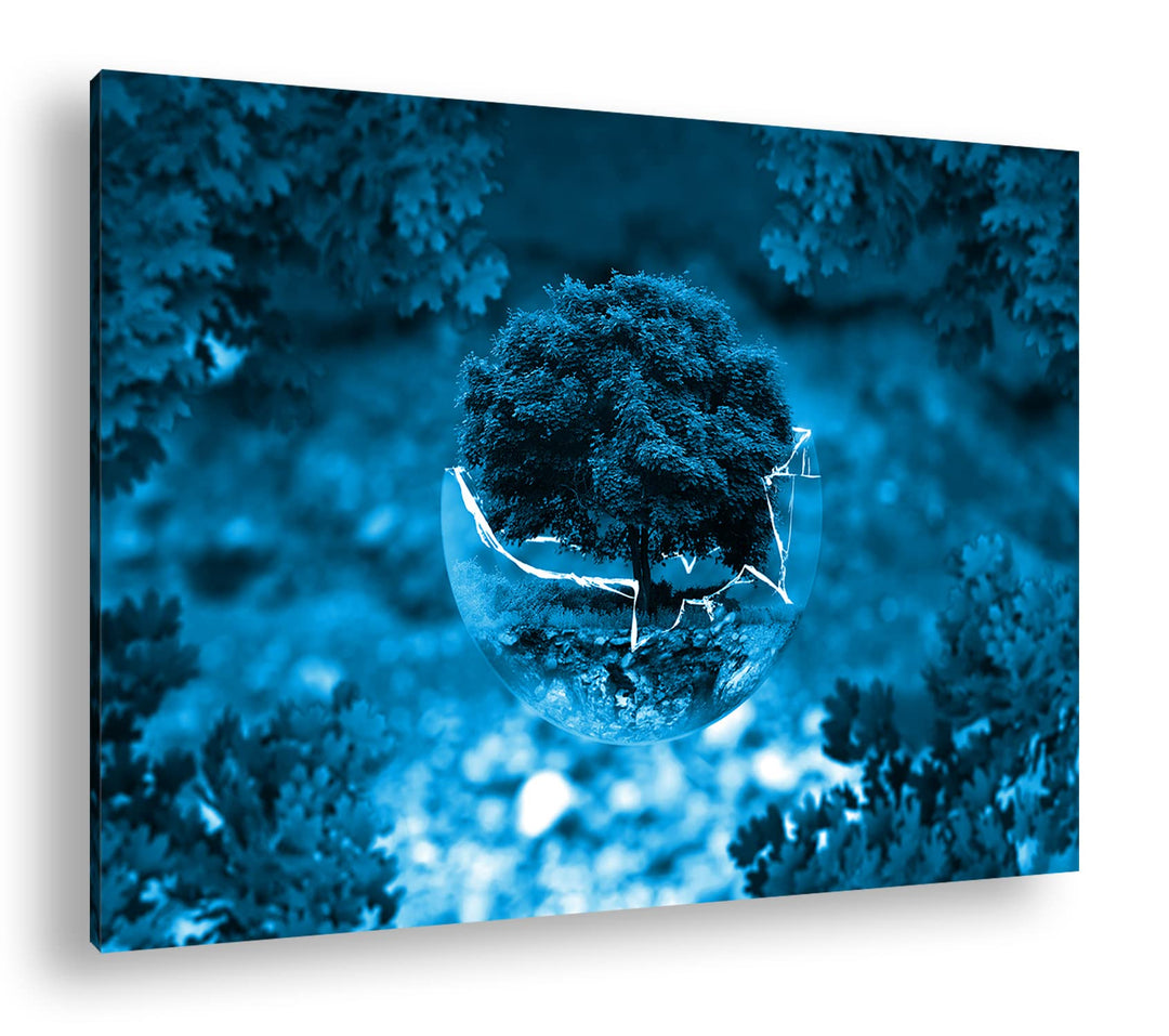 deyoli zerbrochene Glaskugel mit einem Baum Format 80x60 Effekt: Monocrome Blau als Leinwandbild, Mo