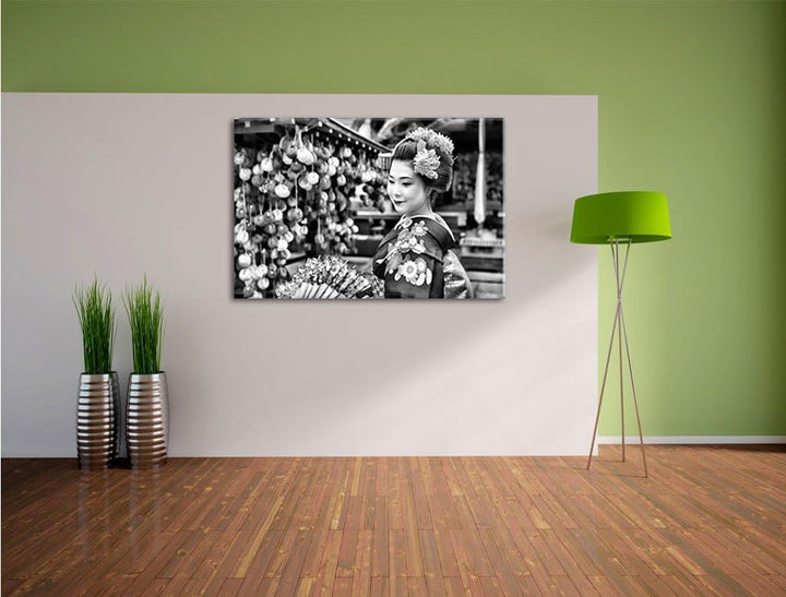 Pixxprint Anmutige Geisha mit Fächer als Leinwandbild/Grösse: 100x70 cm/Wandbild/Kunstdruck/fertig b