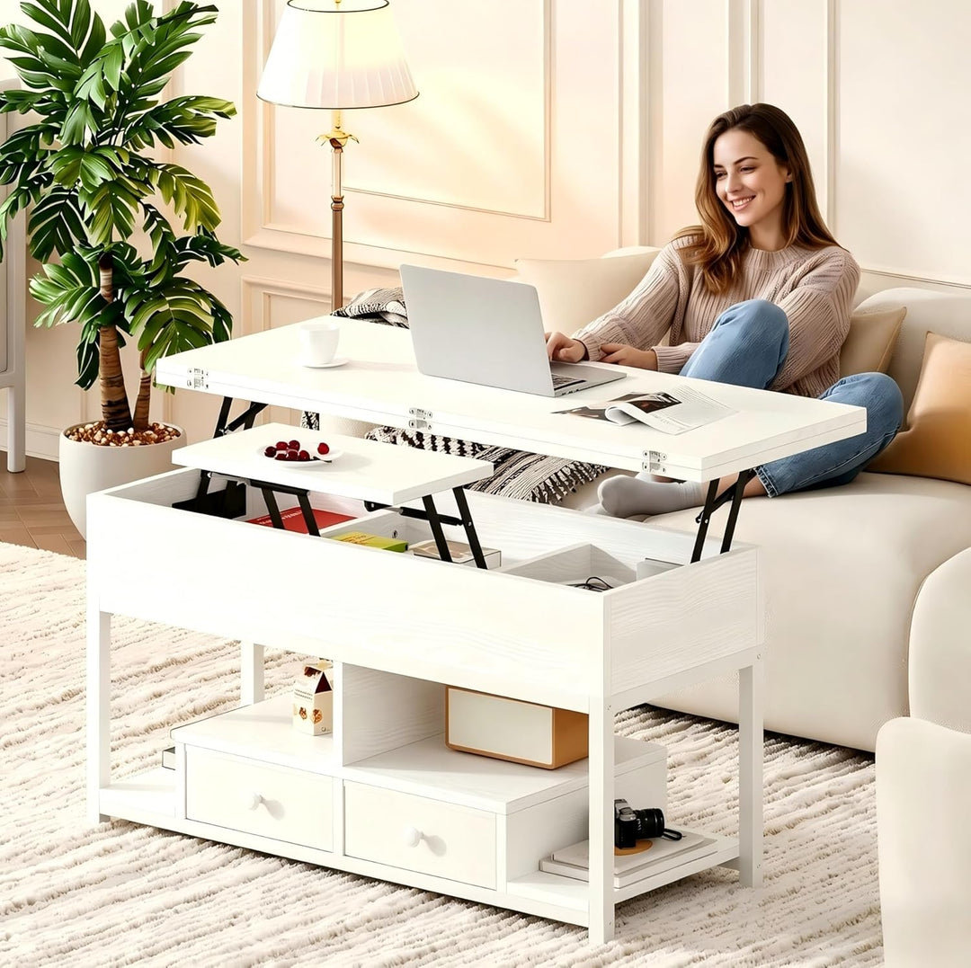 IRONCK Couchtisch höhenverstellbarer Wohnzimmertisch mit LED Beleuchtung und Steckdosen, 2 AC,1 USB
