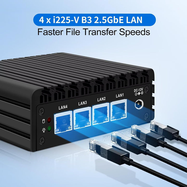 Micro Firewall Appliance, Fanless Mini PC J3710 4C/4T, 4X 2.5 GbE i225-V LAN,AES-NI,DDR3 8GB SSD 128